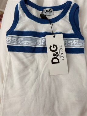 D&G Junior White Tank Top with Blue Trim and Chest Stripe